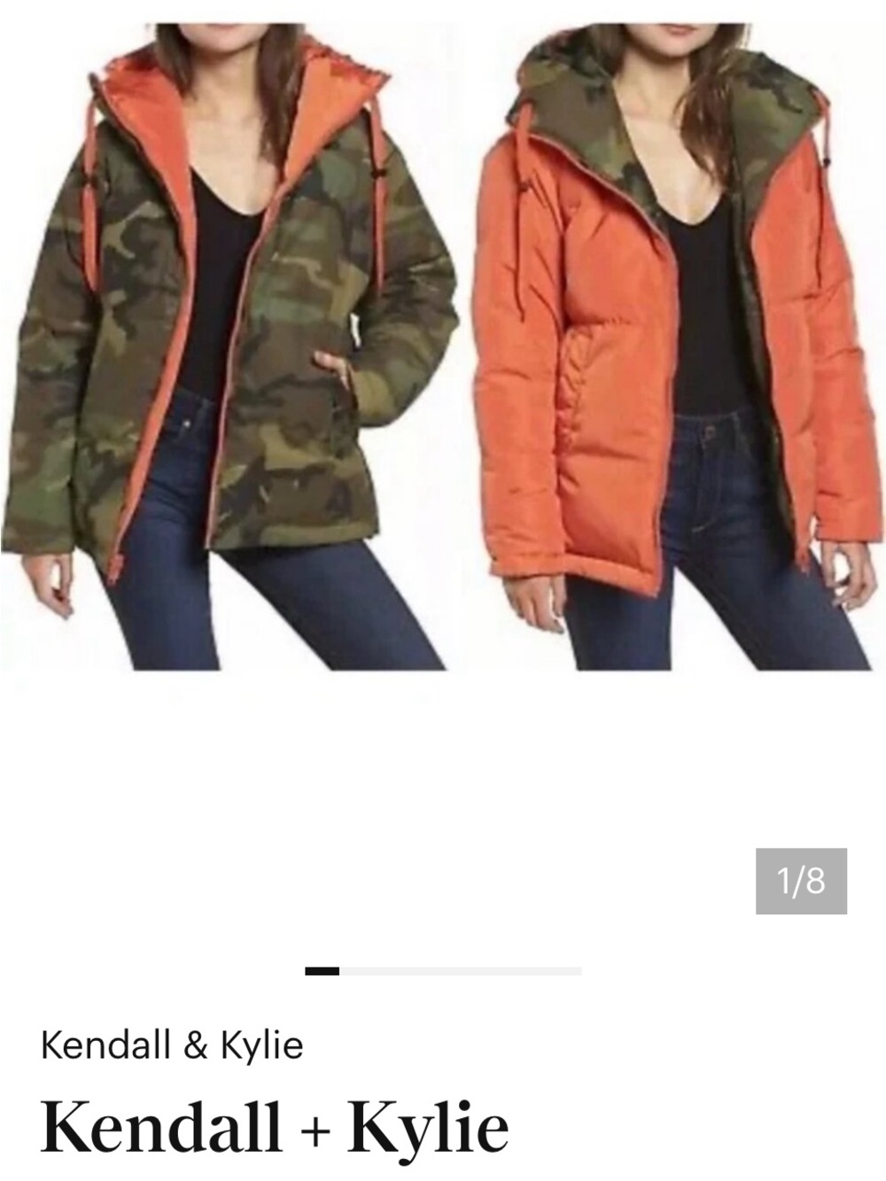 Kendall & Kylie Reversible Camo and Orange Hooded Puffer Jacket
